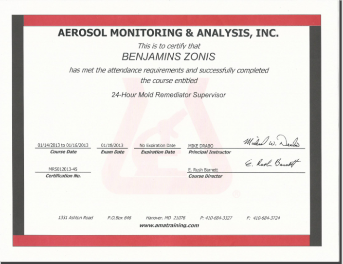 Handyman On Call aerosol monitoring and analysis certification